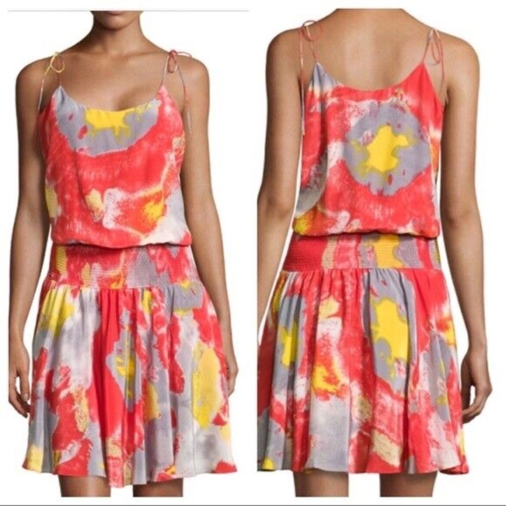 Halston Heritage Tie Shoulder Smocked Waist Short Dress Poppy Watercolor Silk XS